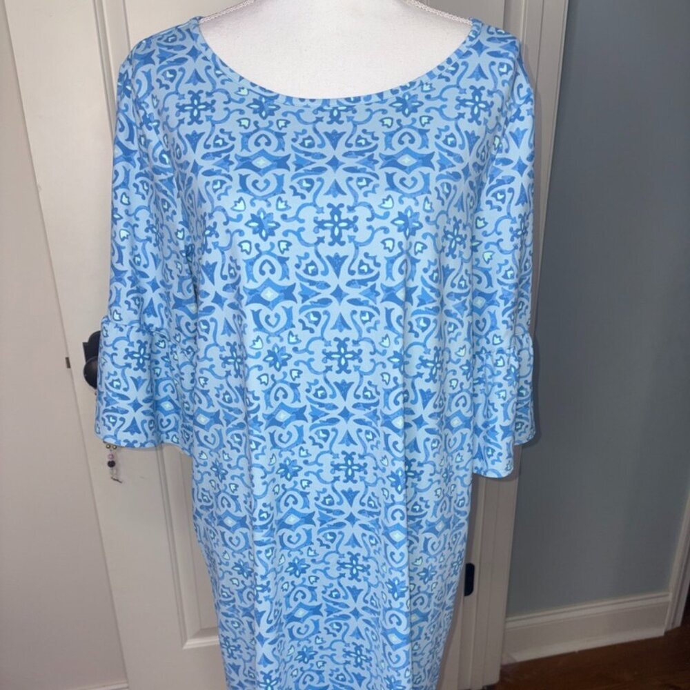 Women's Southern Tide Bell Sleeve UPF Performance Dress Blue White Large